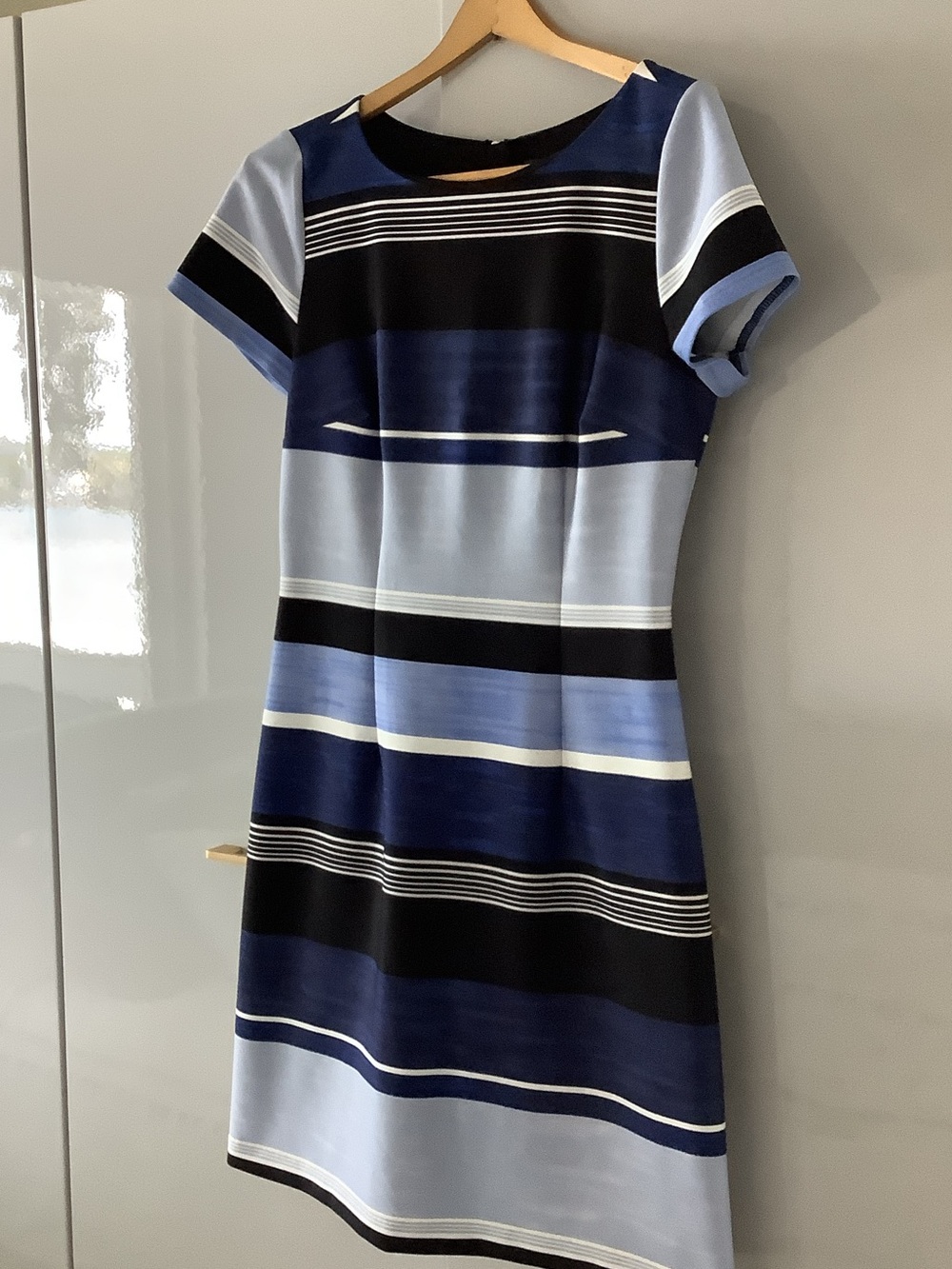 Adrianna Papell Navy and Light Blue Striped Midi Dress